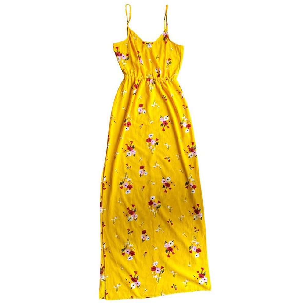 Yellow Floral Spaghetti Strap V Neck Maxi Dress size 0